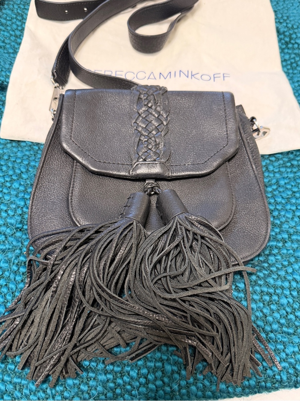 Rebecca Minkoff Black Leather Braided Flap Crossbody with Tassels